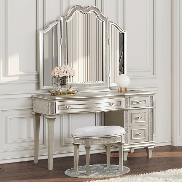 Beautiful silver vanity mirror in empty bedroom