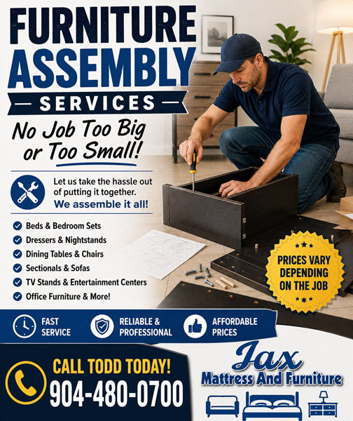Furniture assembly service ad with person assembling drawer and contact number.